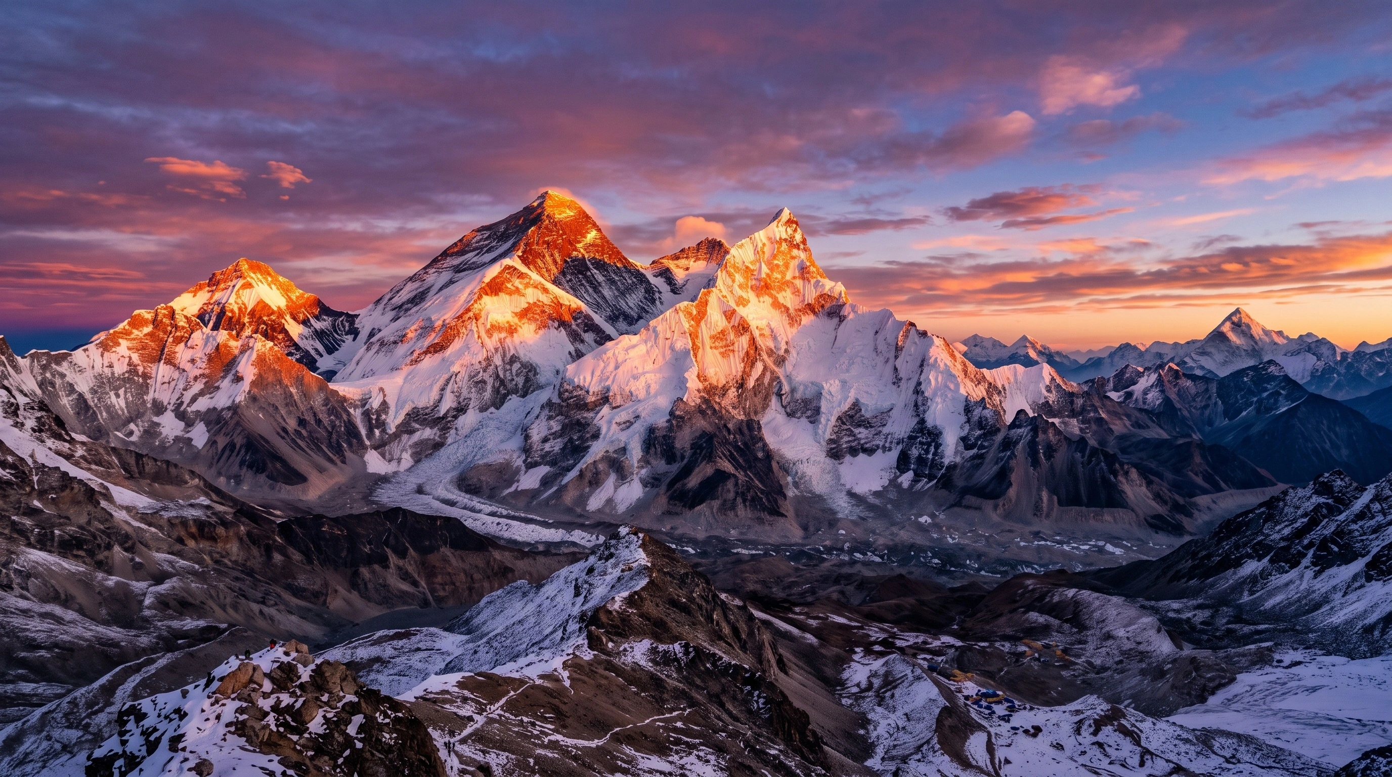 A Himalayan mountain panorama catching the warm light of sunset.
